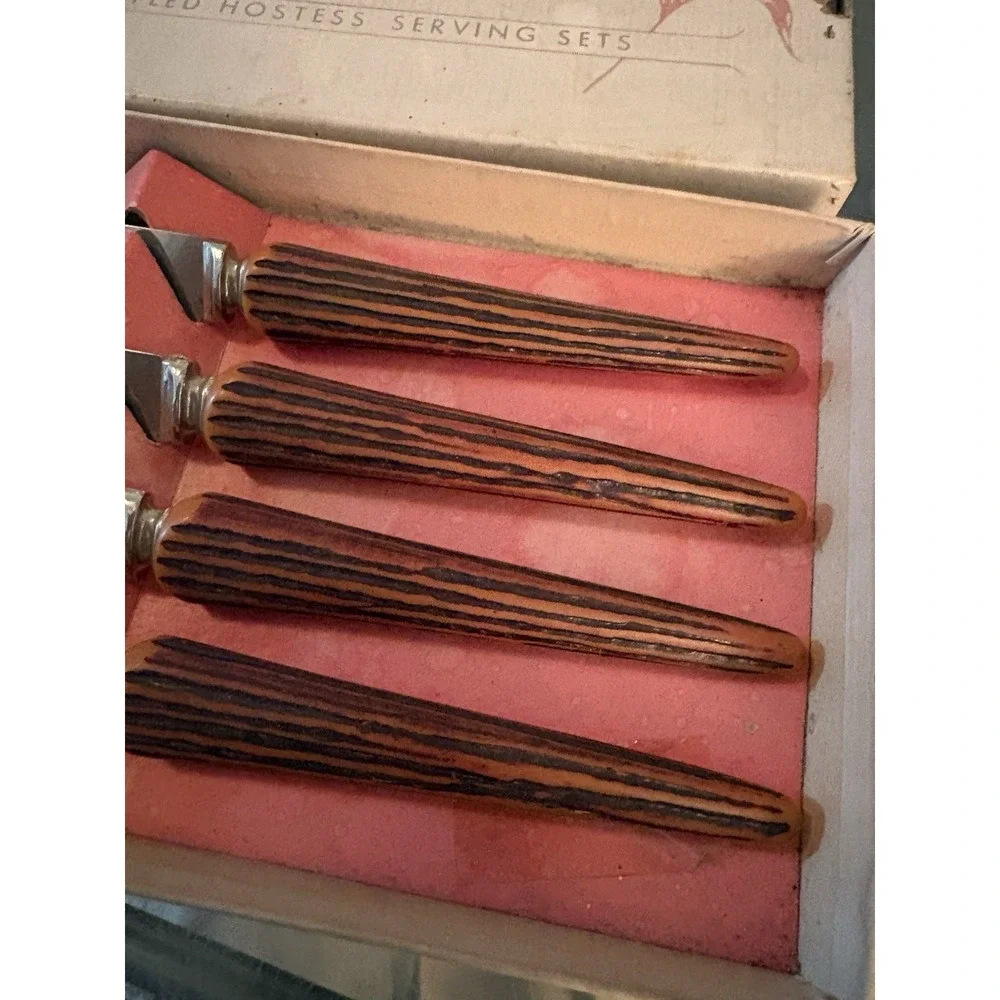 VTG Elegant Cutlery 4 Pc Serrated Steak Knife Set Faux Stag Handles Box USA